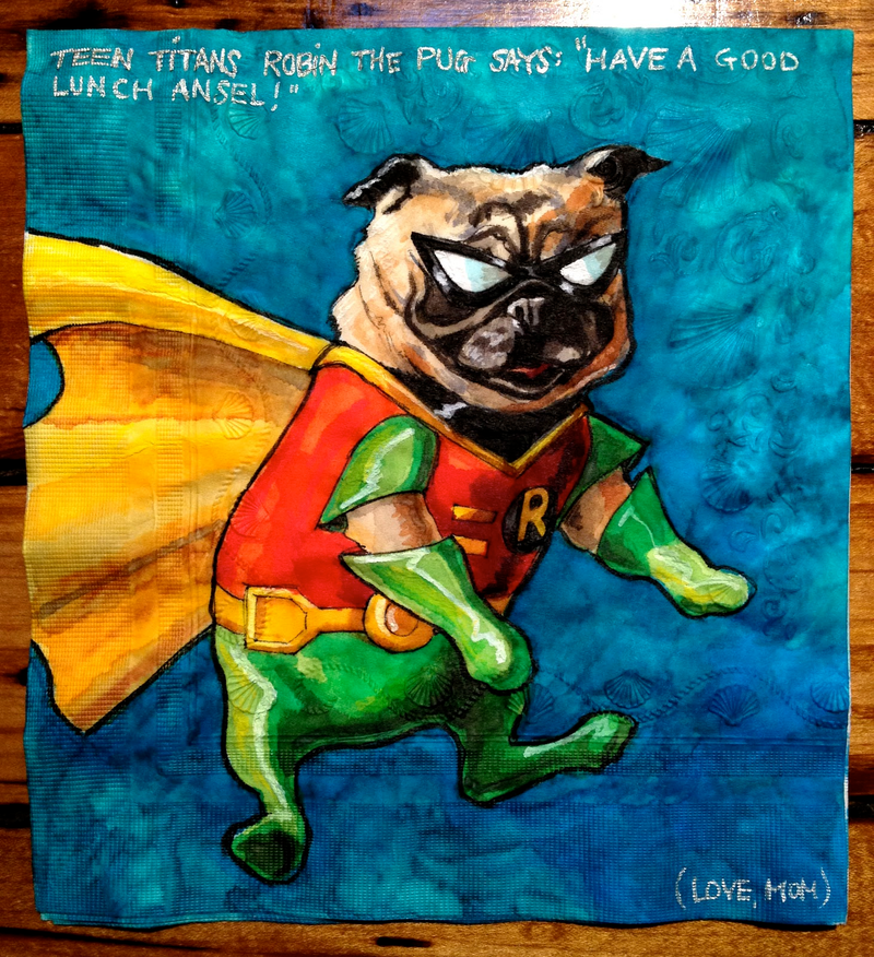 Illustration for article titled Artist draws superpowered canines on her sons' lunch napkins